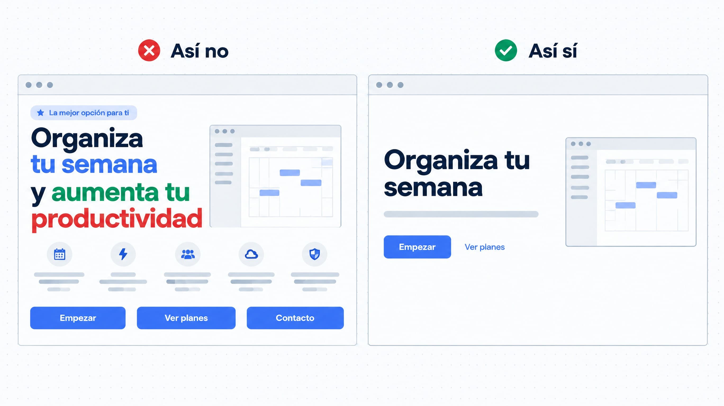 Dos versiones de la misma cabecera. En la mala, muchos tamaños, colores y tres botones iguales compiten. En la buena, un titular, un subtítulo, un botón principal y un enlace