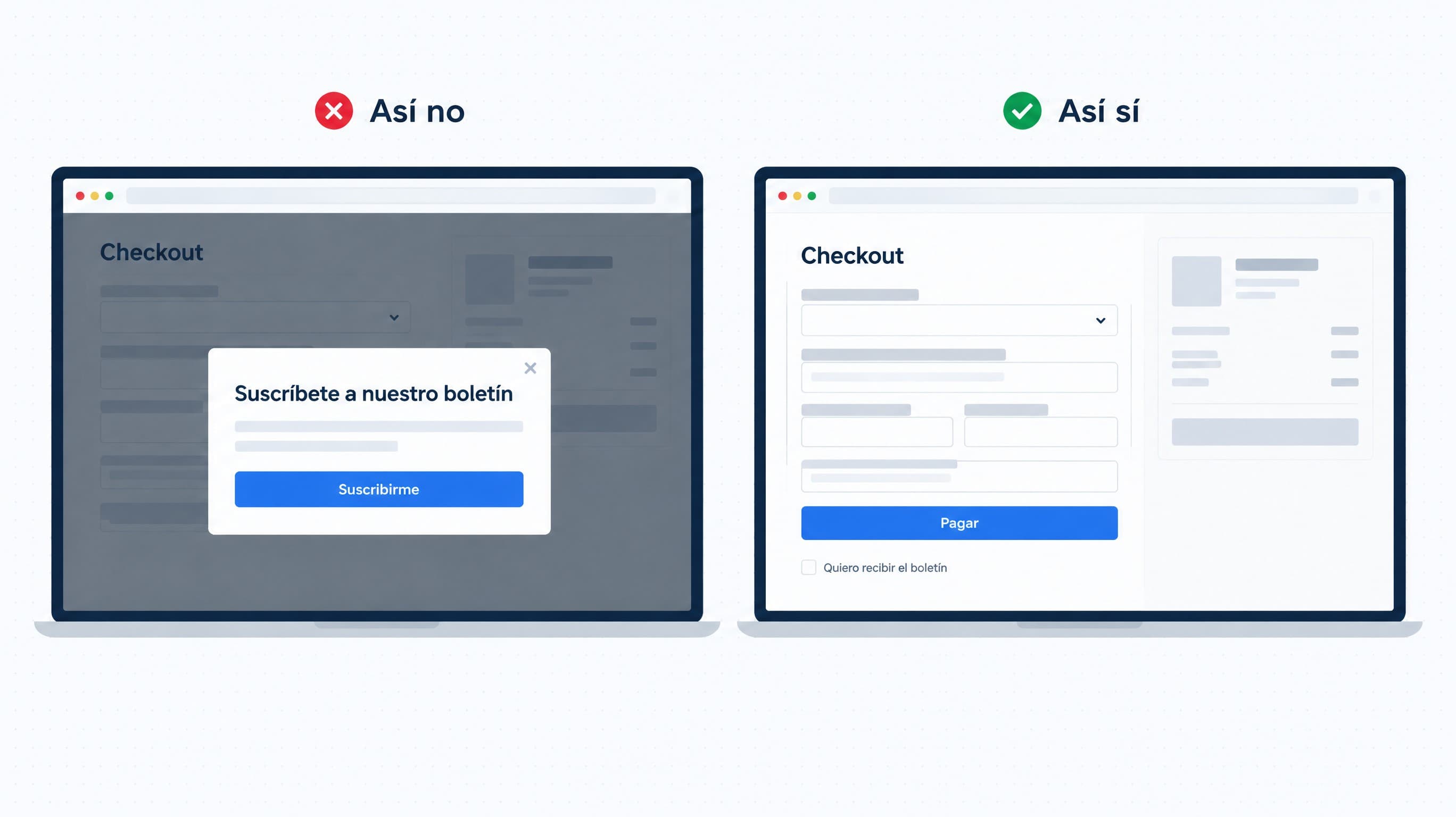 Un checkout tapado por un pop-up de suscripción al boletín frente al mismo checkout visible con una casilla discreta para el boletín