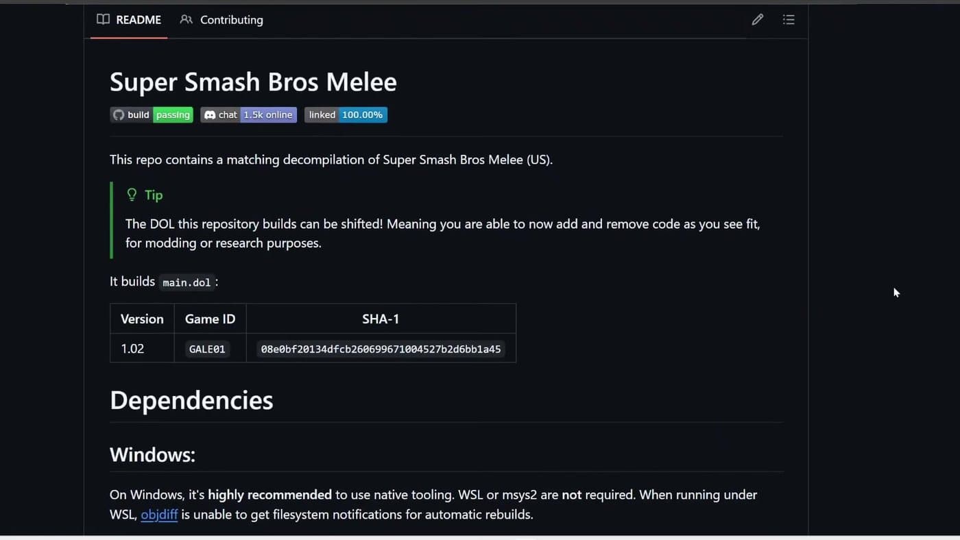 Repositorio de GitHub de la decompilación coincidente de Super Smash Bros. Melee