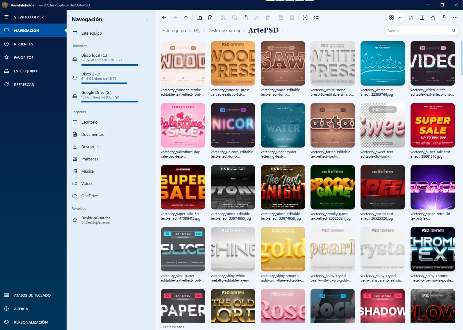 Captura de ViewFileFolder: un gestor de archivos visual para Windows mostrando una carpeta de archivos PSD con miniaturas grandes
