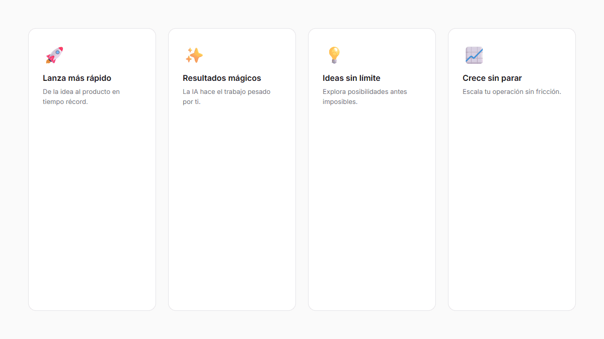 Cuatro tarjetas de feature usando emojis de cohete, destellos, foco y gráfica como ícono principal