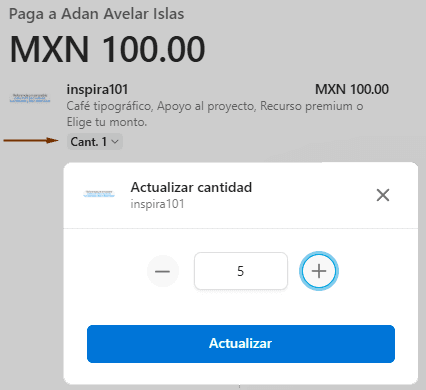 Pantalla de pago de Stripe con el selector de cantidad abierto para actualizar el número de apoyos