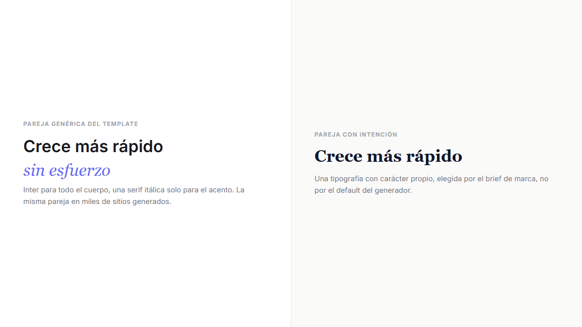 Comparación lado a lado entre la pareja tipográfica genérica del template y una pareja elegida con intención de marca