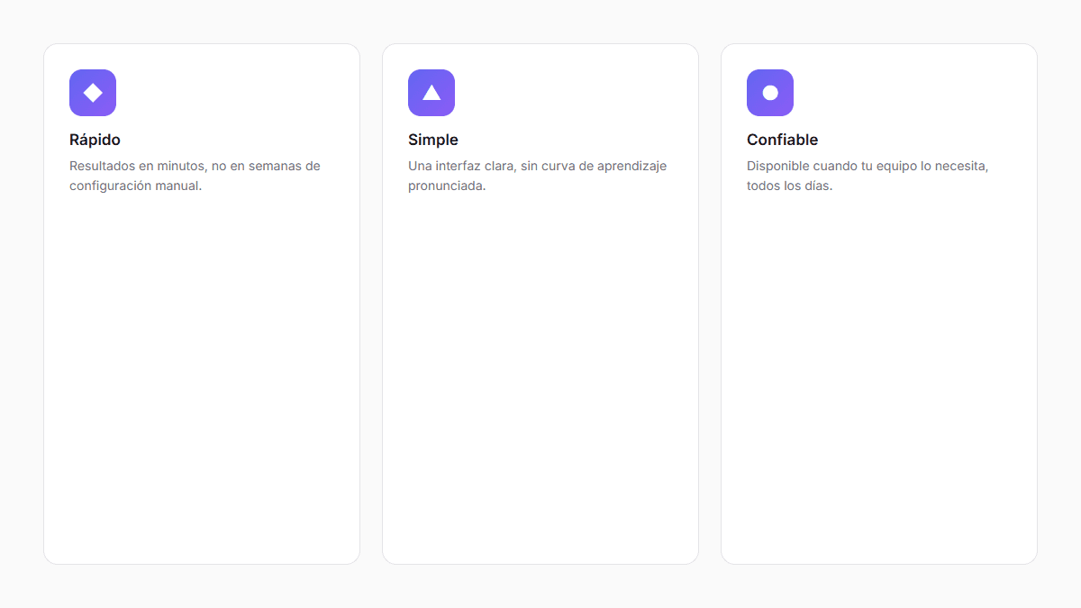 Tres tarjetas de feature idénticas en estructura: ícono en círculo, título corto y dos líneas de texto