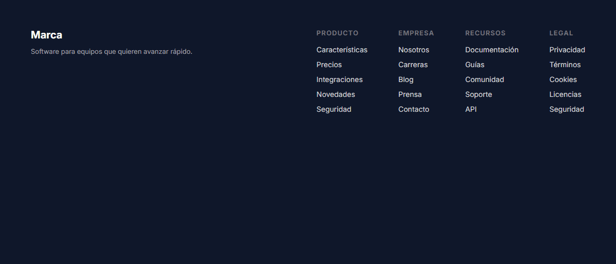 Footer con cuatro columnas idénticas: Producto, Empresa, Recursos y Legal, cada una con cinco enlaces