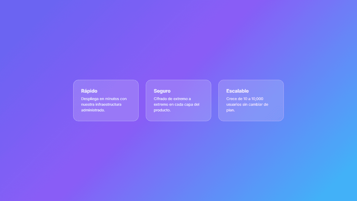 Tres tarjetas de vidrio esmerilado translúcido flotando sobre un fondo degradado, sin función real