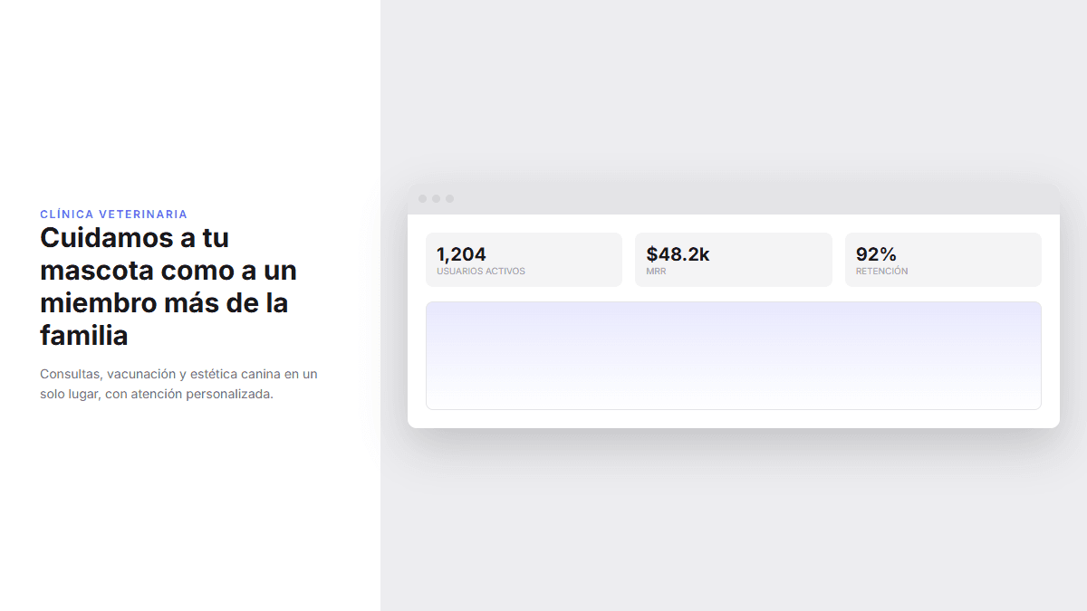 Hero de una clínica veterinaria con un mockup de dashboard de software dentro de un marco de navegador, sin relación con el negocio