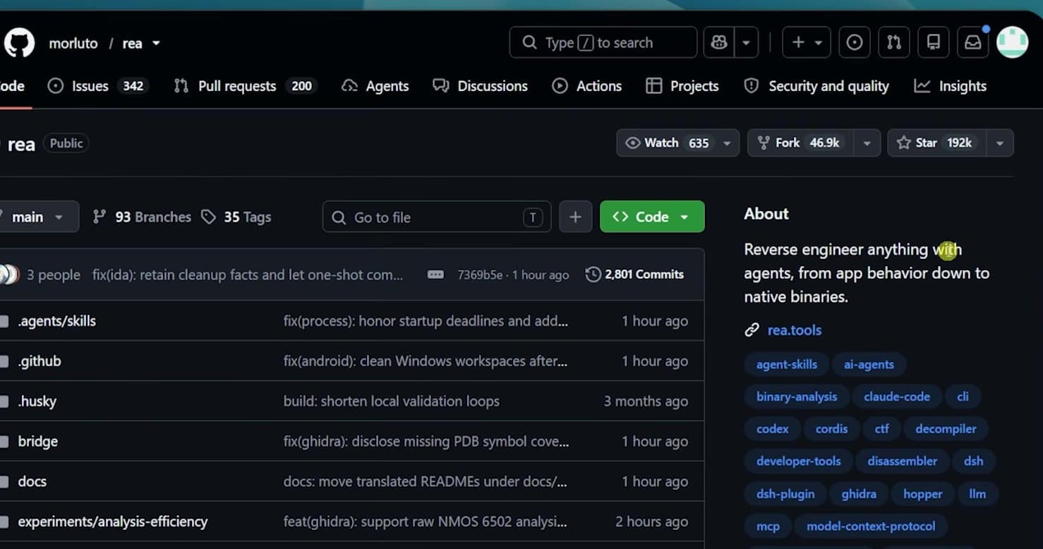 Página de GitHub del repositorio morluto/rea con el contador en 192 mil estrellas y 46,9 mil forks
