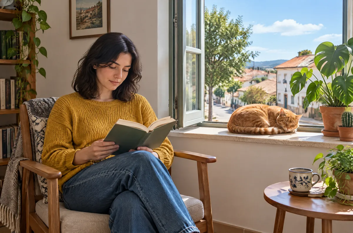Imagen base: una mujer lee junto a una ventana con un gato dormido y plantas